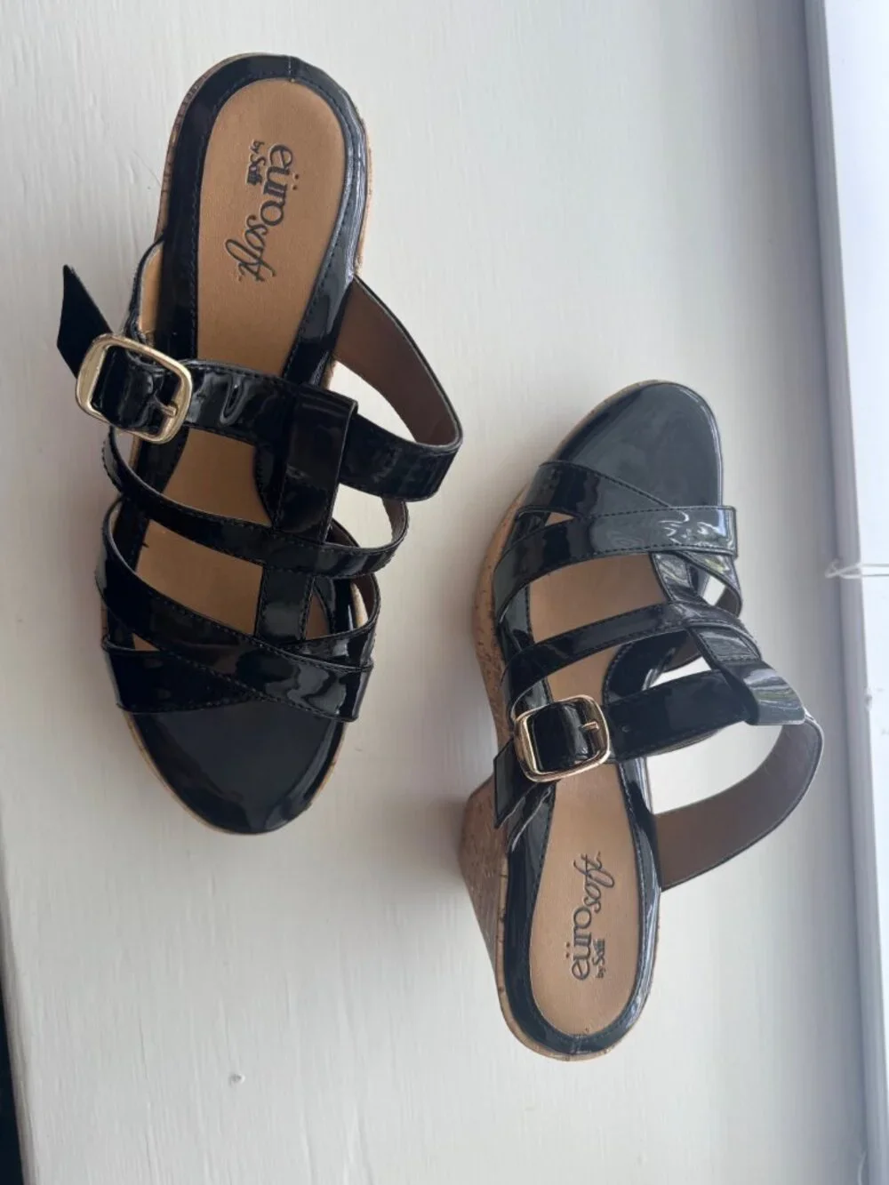 Euro Soft by Sofft Black Patent Felice Wedge Sandal Size 9 M P5